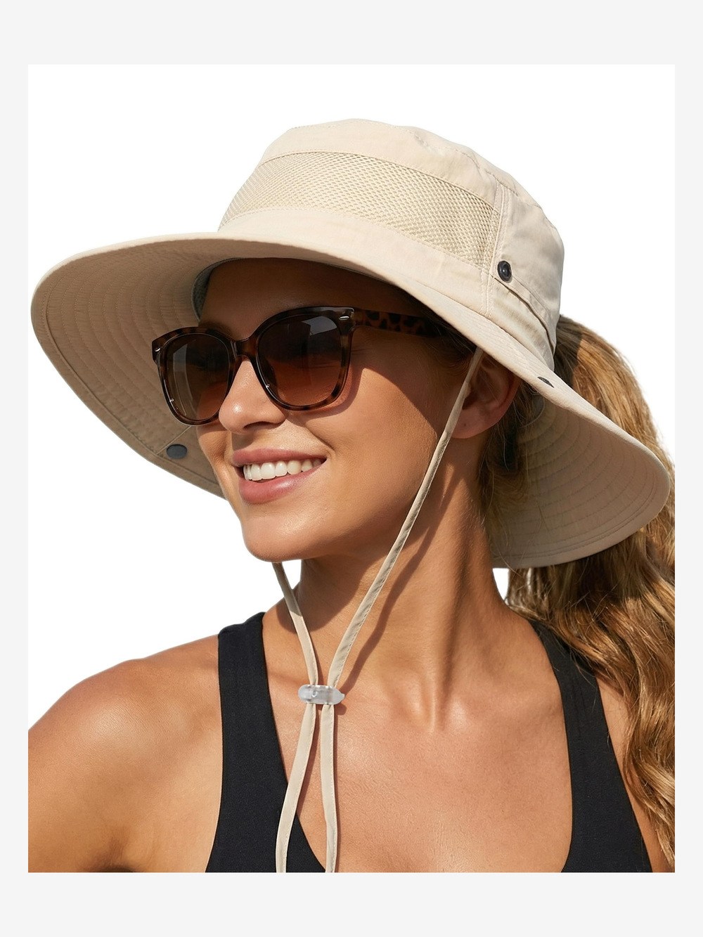 Women's Sun Hat Sun Protection Wide Brim Bucket with Ponytail | Beige | Size OS